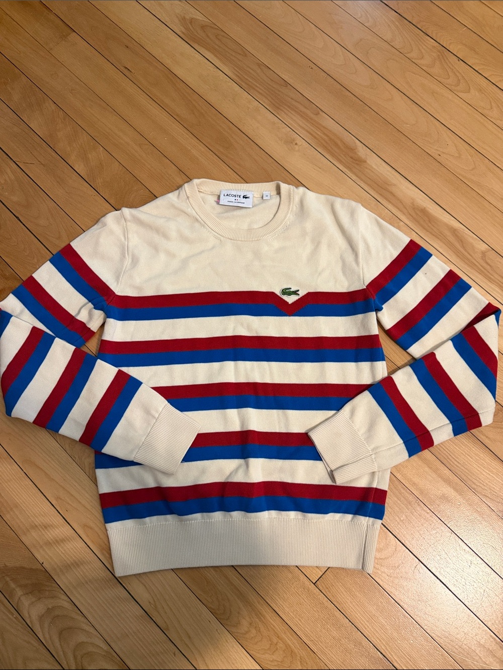 Lacoste Cream Crewneck with Red & Blue Stripes and Green Croc made in France xxs